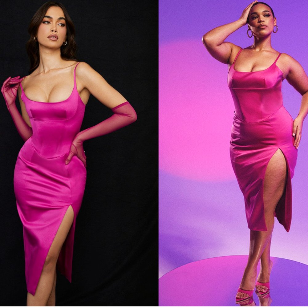 House or CB ‘Casimira’ Pink Satin Corset Midi Dress NWOT